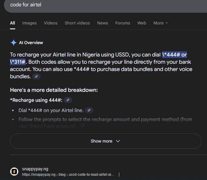 Position 1 for "code for airtel" keyword